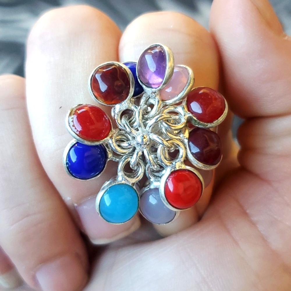 New Unique Multi Gemstone 925 Silver Ring.